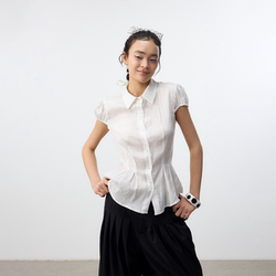 Set for Life Semi-Sheer Puff Sleeve Tencel Linen Blend Waist-Cinching Pleated Hem Shell Button Shirt