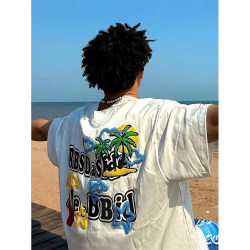 Chinese Trendy Brand Coconut Tree Embroidered White Short-Sleeve T-Shirt for Men, Summer Loose American Style Couple Outfit, High-End Pure Cotton Top