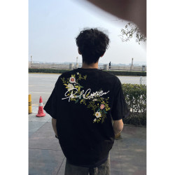 Chinese Trendy Brand Floral Embroidered Short-Sleeved T-Shirt for Men, Summer 2025 New Style, Loose Fit, Couple Wear, Pure Cotton, High-End Top