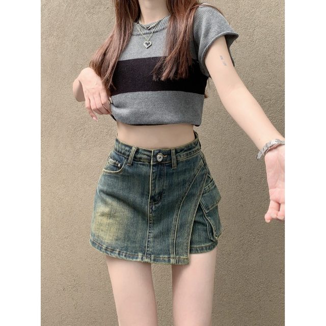 High-waisted denim short skirt for women in summer 2024 new design hot girl hip trousers skirt large size A-line skirt