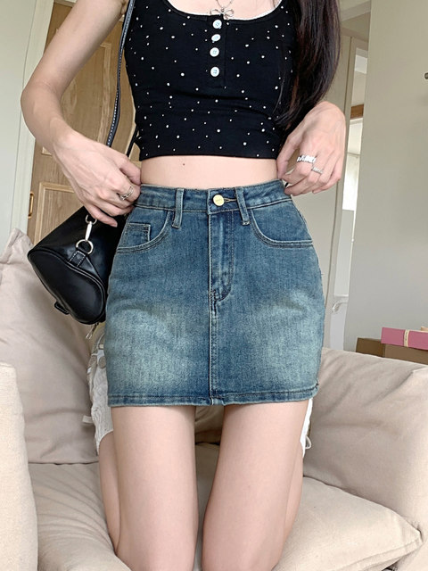 Retro hot girl denim short skirt for women in summer, small high-waisted, large size slim and anti-exposure A-line hip-pack skirt