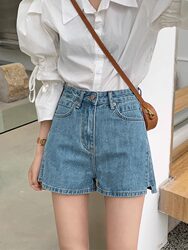 Women's Denim Shorts, New Summer Style, Plus Size, Loose Straight-Leg Hot Pants, A-Line, Thin, Slit, High-Waisted, Slimming, Wide-Leg Pants