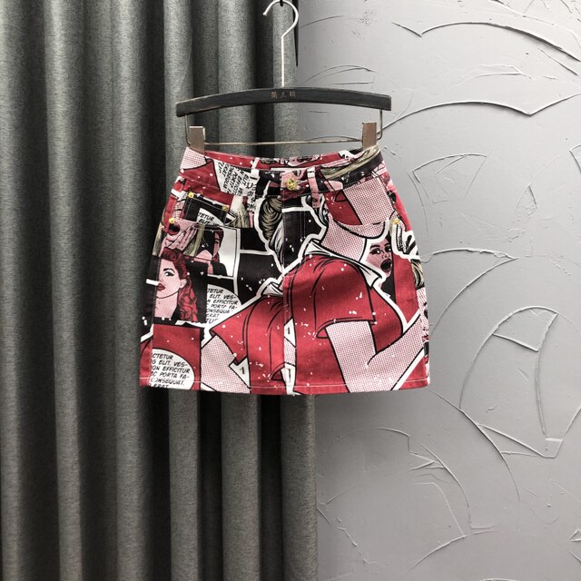 Personal character printed denim short skirt Women in summer fashion foreign aura A -line anti -light half -body bag hip skirt