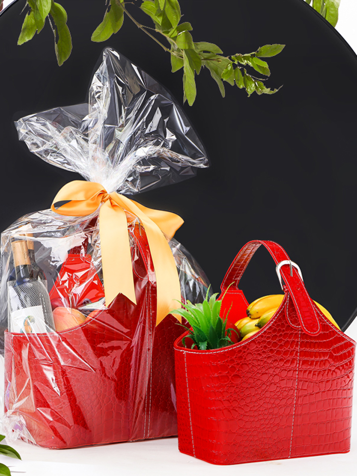 丁峰 水果皮革花篮红色礼品通用包装篮子