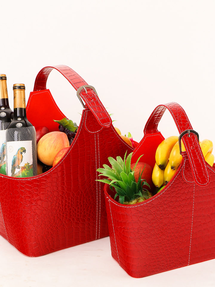 丁峰 水果皮革花篮红色礼品通用包装篮子