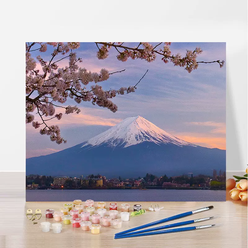 富士山diy數字油畫填充油彩畫丙烯畫簡約臥室裝飾畫立體畫櫻花-Taobao