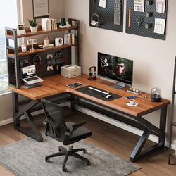 Pure Solid Wood Corner Desk with Integrated Bookshelf, Gaming Desk with Pegboard, Corner Office Desk, Bedroom Home Computer Desk