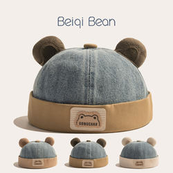 Japanese Retro Denim Patchwork Children's Melon Cap for Boys and Girls, Spring and Autumn Bear Ear Stylish and Trendy Landlord Hat