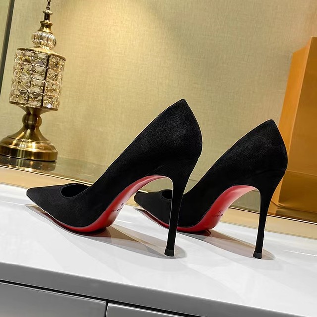 European and American French 2025 spring new style etiquette red sole black high heels for women's slim heels professional sexy pointed-toe shoes