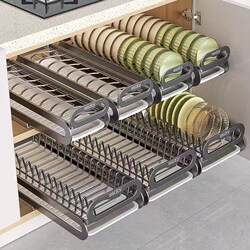 Kitchen Pull-Out Dish Rack, Pull-Out Cabinet Basket, Drawer-Style Dish Storage Rack, Dish and Plate Organizer, Draining Storage Rack