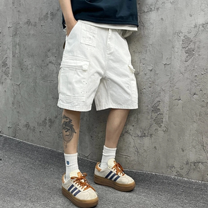 
Korean style summer new heavy-duty washed loose workwear big pocket white bamboo denim shorts five-quarter pants for men and women