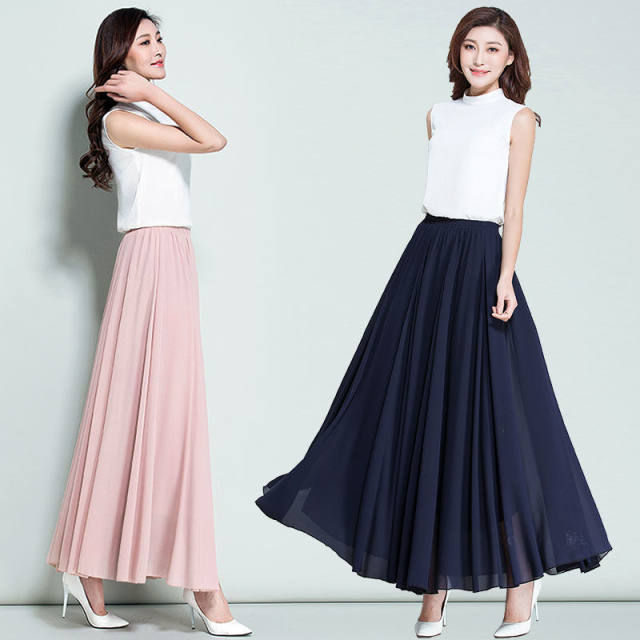 Chiffon half -bodies long skirt female spring big fairy skirt, wine red high waist pleated A -line skirt
