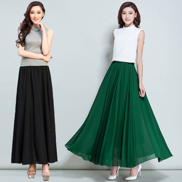 Chiffon half -bodies long skirt female spring big fairy skirt, wine red high waist pleated A -line skirt
