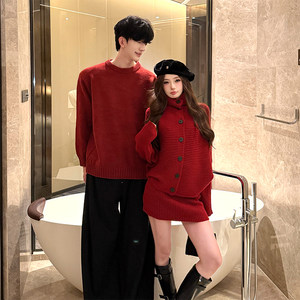 
New Year's Red Couple Outfits Autumn and Winter Ins Super Hot Sweaters for Men and Women Korean Style Loose French Knitwear Jackets Trendy Brand
