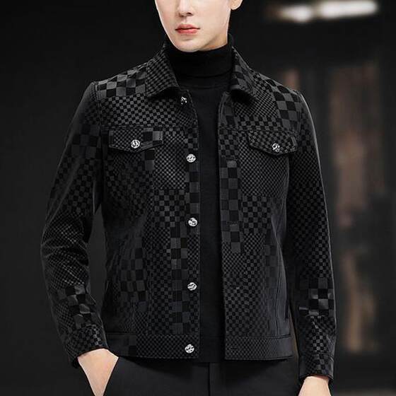 
2024 autumn and winter Haining really good leather jacket short lapel men's jacket for autumn and winter young slim fit thin plaid leather jacket