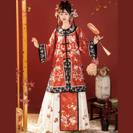 Original [Auspicious] Qing Han Women's Double breasted Round Neck Non Han Clothing Retro Style Ethnic Clothing Qing Dynasty Palace Costume Set
