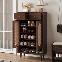 Haosha Retro-Style Solid Wood Shoe Cabinet for Home Entrance, Storage Cabinet for Small Apartments, Walnut Color Shoe Cabinet for Entryway 70C