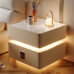 Luxurious Smart Bedside Table with a High-End Feel, Made of Solid Wood with Lights, New Model for Bedroom, Simple and Modern Bedside Cabinet