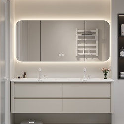 Dipurui Bathroom Corian Integrated Double Basin Bathroom Cabinet Set Oak Cream Style Rounded Corner Washbasin Vanity