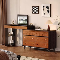 Yangman All-Solid Wood Dressing Table for Small Apartments, Mid-Century Style Bedroom Bedside Cabinet Integrated with a High-End Storage Shelf