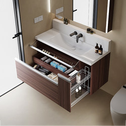 Intercontinental High-Back Integrated Basin Japanese-Style Bathroom Cabinet Set with Side Pull-Out Basket, Washbasin, and Wall-Mounted Cabinet for Bathroom Storage