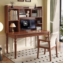 Yangman American-Style Solid Wood Desk with Integrated Bookshelf, Student Home Use Simple Writing Desk, Study Room Computer Desk, Bedroom