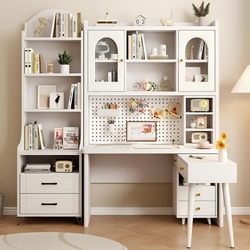 Yangman Corner Desk Bookshelf Integrated Table Rotating Bookcase Cream Style Bedroom Home Student Study Double Computer Desk
