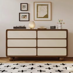 Abison Solid Wood Six-Drawer Cabinet, French-Style Bedroom Bedside Storage Cabinet, Vintage Chest of Drawers, Living Room Wall-Mounted Mid-Century Sideboard