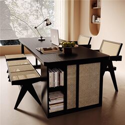 Yangman Solid Wood Living Room Large Desk and Bookcase Integrated Home-Use Natural Wood Large Board Table Black Rectangular Office Desk