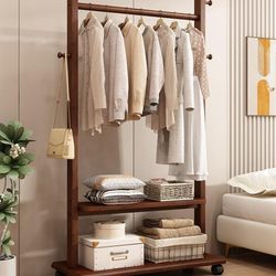 Solid Wood Floor-Standing Coat Rack for Bedroom, Simple Storage Rack for Living Room, Movable for Home, Hotel, and Guesthouse Use