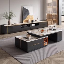 Luxurious Kung Fu Tea Table with Integrated Tea Set, Rock Slab Tea Table for Small Apartments, Home Living Room Retractable Tea Table and Tv Stand