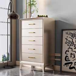 Aojing American-Style Chest of Drawers Solid Wood Five-Drawer Cabinet Bedroom Cabinet Modern Bedside Table Champagne Silver Lacquer Multi-Drawer Storage Cabinet
