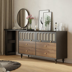 Aisenai Solid Wood Dressing Table with Vintage Style Integrated Drawer Cabinet, Extendable Rattan Weaving, Retro 2025 New Model for Bedroom Makeup