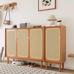 Eisen's Japanese-Style Solid Wood Rattan Shoe Cabinet for Entryway, Living Room, Doorway, Home Use, Thin, Large Capacity, Integrated Wall-Mounted Cabinet