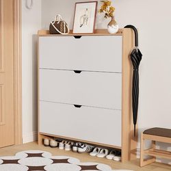 Gumufel Solid Wood Ultra-Thin Tipping Shoe Cabinet for Home Entrance Hallway Large Capacity Entryway Cabinet Shoe Cabinet