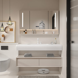 Dipurui Arc Corian Integrated Basin Bathroom Cabinet Set with Smart Round Mirror Washbasin for Hotel Style