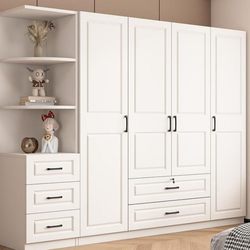 Eisen Solid Wood White Wardrobe for Home Bedroom, Includes Installation, Simple Modern New Model, Large Capacity Storage