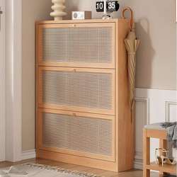 Luxurious Solid Wood and Rattan Ultra-Thin Shoe Cabinet for Home Entrance, Integrated Wall-Mounted Narrow Entryway Storage Cabinet with Flip-Up Design