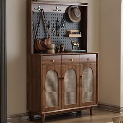 Gumufel Shoe Cabinet with Integrated Clothes Rack, Solid Wood Home Entryway Cabinet, Vintage Rattan Cabinet, Storage Cabinet