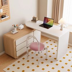 Luxurious Solid Wood Cream-Style French Corner Computer Desk with Integrated Chest of Drawers, Bedroom Study Rotating Dressing Table, L-Shaped