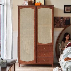 Yangman Retro Rattan Wardrobe for Home Bedroom Storage Cabinet Small Apartment Open Two-Door Wardrobe Modern
