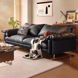 Kaimiao Retro-Style Genuine Leather Sofa, Modern Minimalist Straight-Row Black Sofa, Living Room Small Apartment High-Legged New Model Sofa