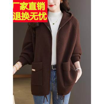 Add fat and large size women's autumn and winter woolen coat for women loose casual middle-aged mother double-sided cashmere coat hooded
