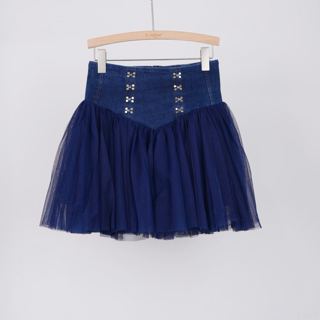
Lan*ko*zhuo*ya denim mesh spliced ​​skirt for women with high waist slim A-line skirt versatile temperament short skirt pants