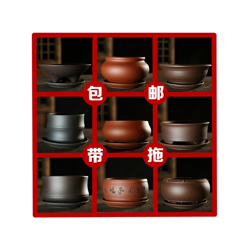 紫砂花盆宜兴全手工多肉植物微型透气粗陶盆景盆有孔菖蒲盆连拖
