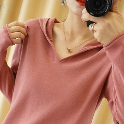 Pure Cotton Hooded Sweatshirt for Women, Spring and Autumn Thin Style, Loose Long-Sleeved Hooded Knit Base Shirt, Stylish Sweater Top