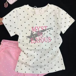 White Star Letter Print Waist-Cinching Short-Sleeve T-Shirt for Women, New Summer Style, Regular Shoulder, Round Neck, Polka Dot Short-Sleeve Top for Women