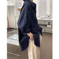 Navy Blue Shirt Jacket for Women, Lazy Chic Korean Style Spring Clothing, Loose Niche Shirt with a Unique Silhouette Design, Casual Top