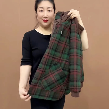 Mom Spring Clothing Plaid Big Box Color Bundle Hood Jacket Women's Comfortable Warm Top Fashionable and Versatile Middle-aged Women's Clothing
