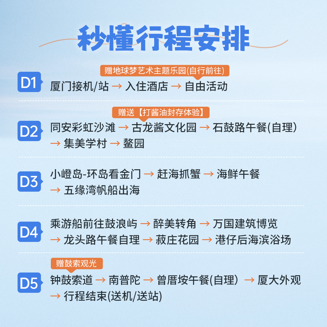 厦门旅游鼓浪屿赶海帆船钟鼓索道厦门大学 厦萌乐游 亲子游5天4晚